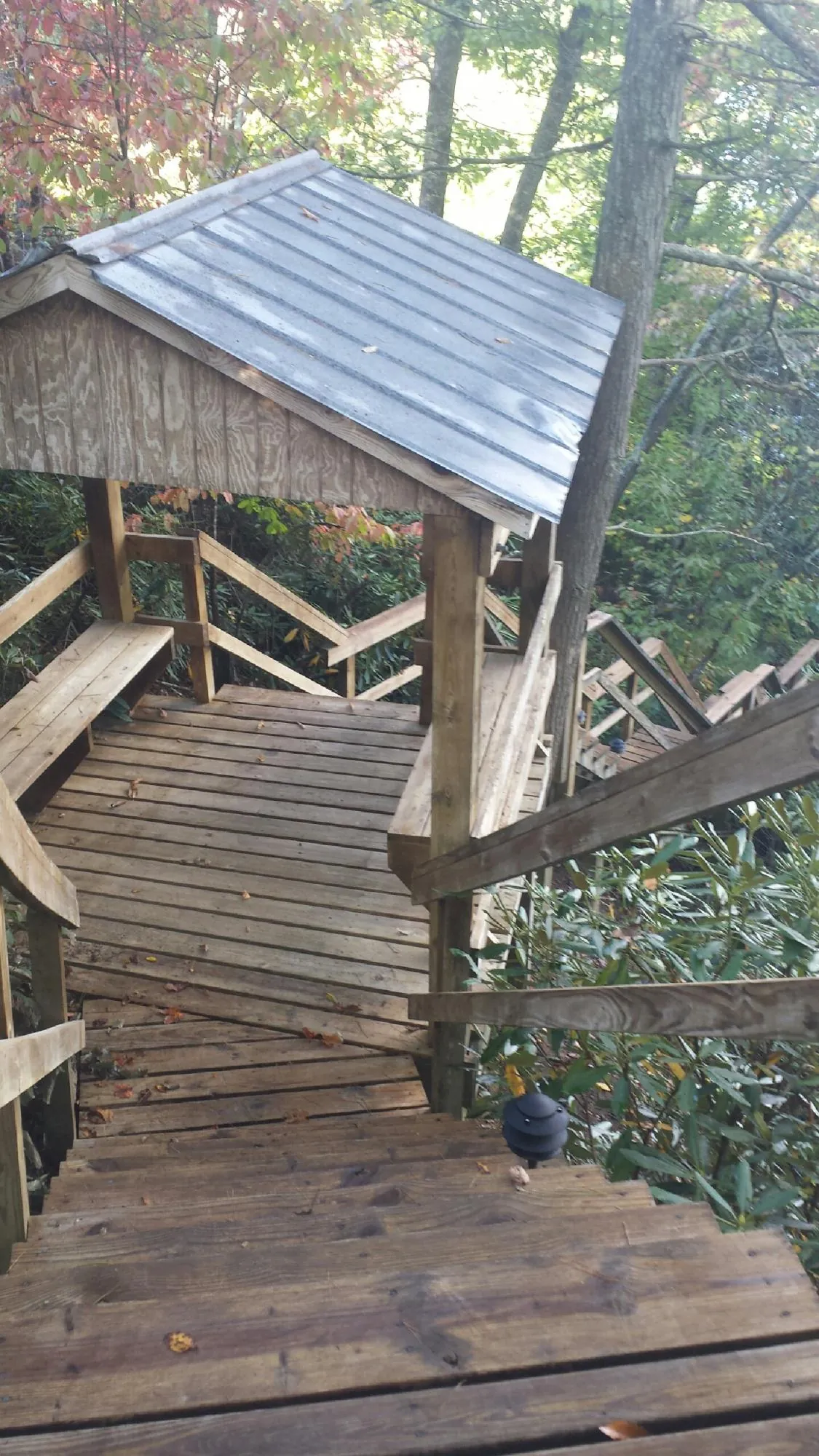 Metal roofed shelter over wooden steps on a wooded walkway — Skylight Repair & Installation work by our crew in Ceres